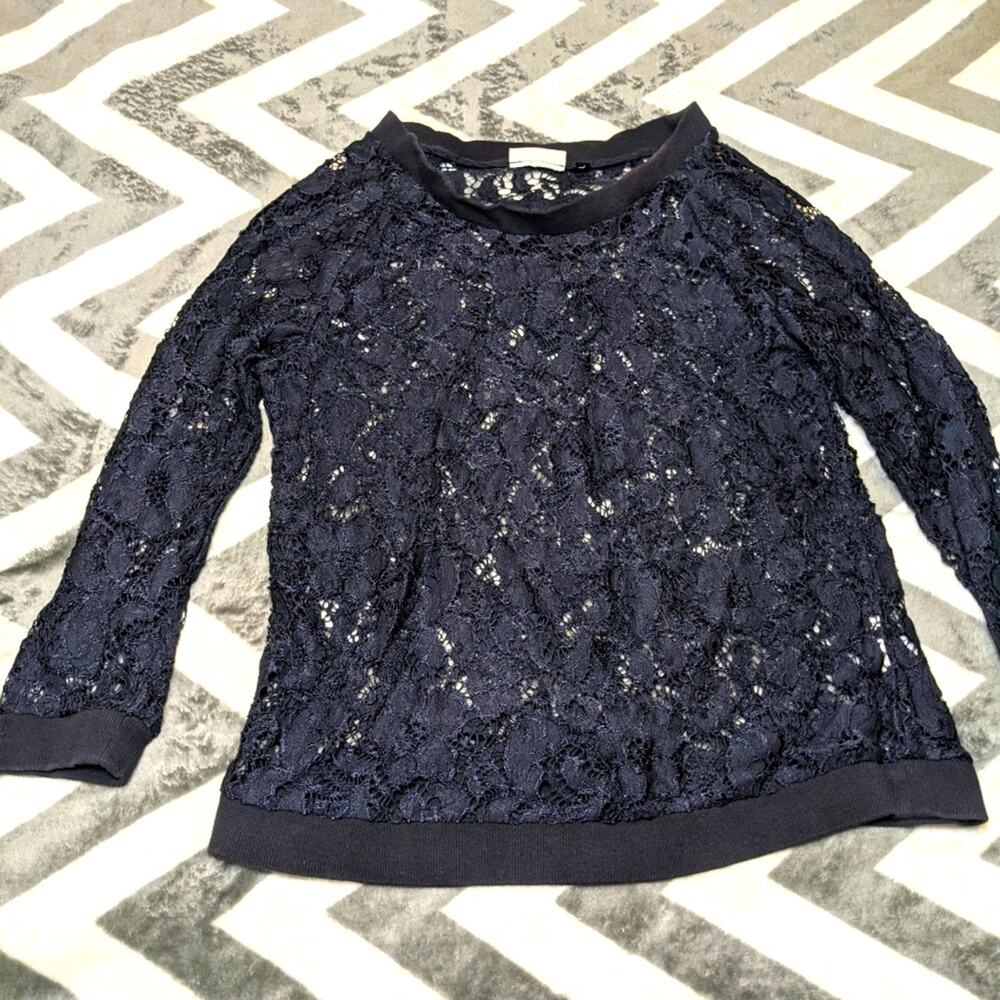 ONLY Navy Floral Lace Designed See Through Long Sleeve Top Large